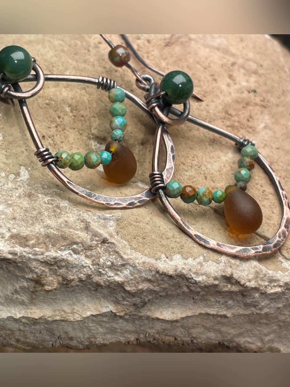 Artisan Made Copper drop Earrings with Moss Agate and Turquoise - Picture 2 of 13